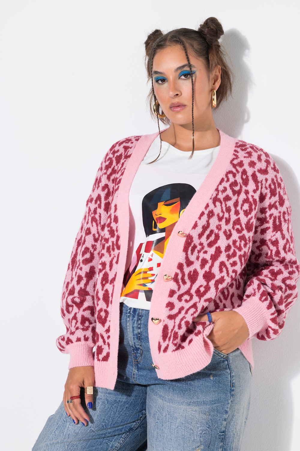 Strickjacke, oversized, Color Leo, Herz-Knöpfe