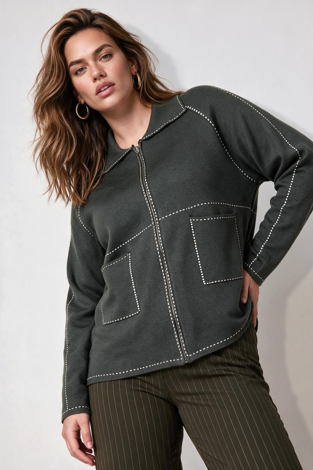 Strickjacke, Hemdkragen, Reissverschluss, Langarm