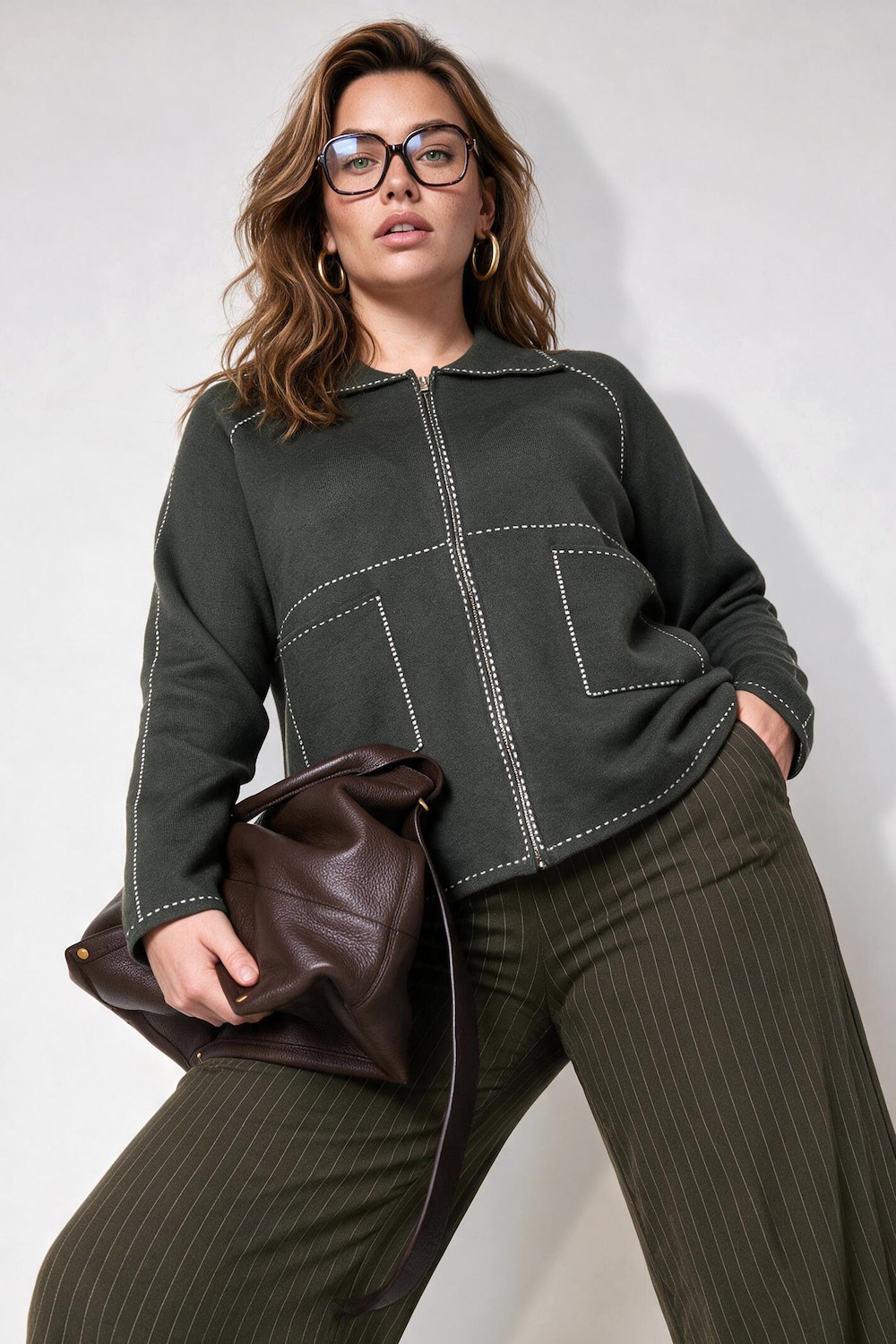 Strickjacke, Hemdkragen, Reißverschluss, Langarm