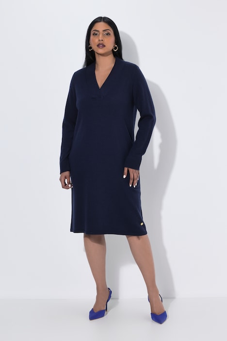 Strickkleid, Kelchkragen, V-Ausschnitt, Langarm