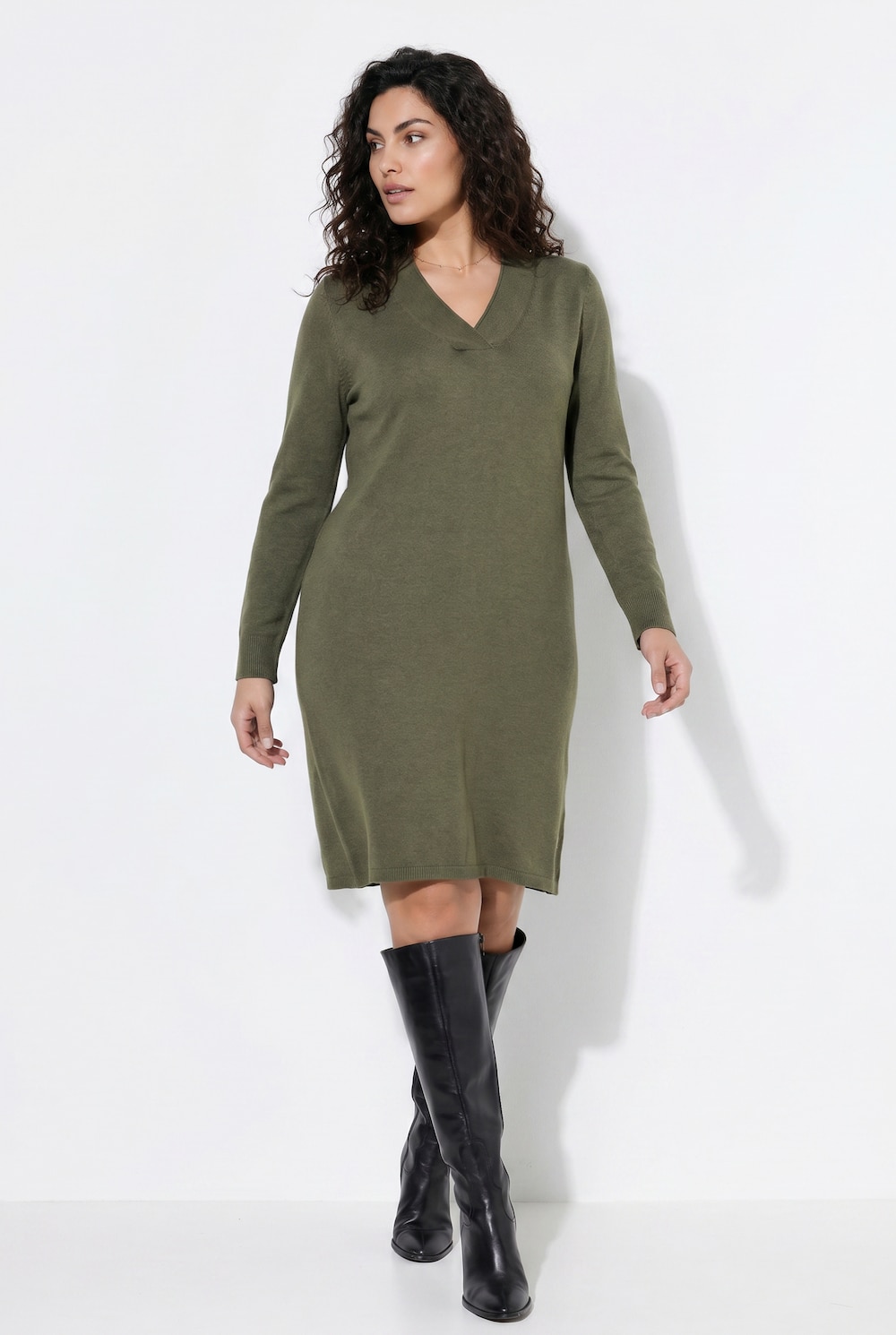 Strickkleid, Kelchkragen, V-Ausschnitt, Langarm