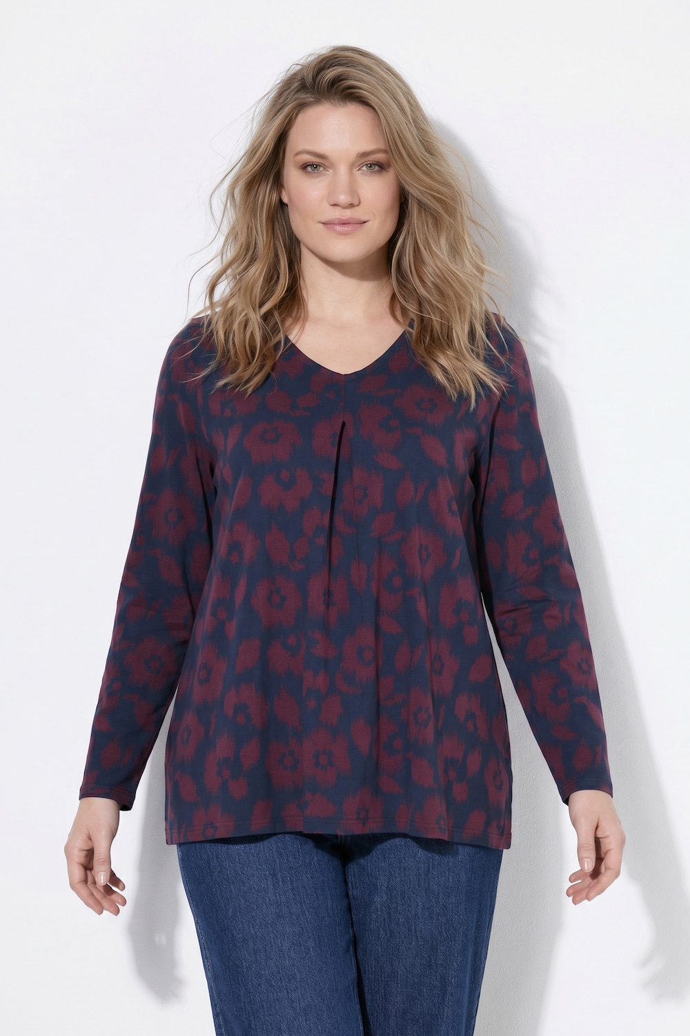 Shirt, Blüten, A-Linie, V-Ausschnitt, Langarm