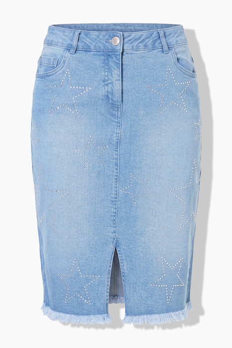 Denim skirt, pencil silhouette, rhinestones, 5 pockets