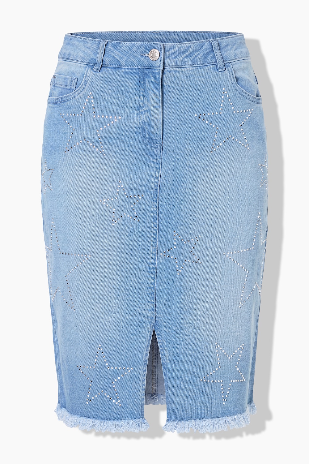Denimnederdel, blyantsilhuet, glitrende sten, 5 lommer
