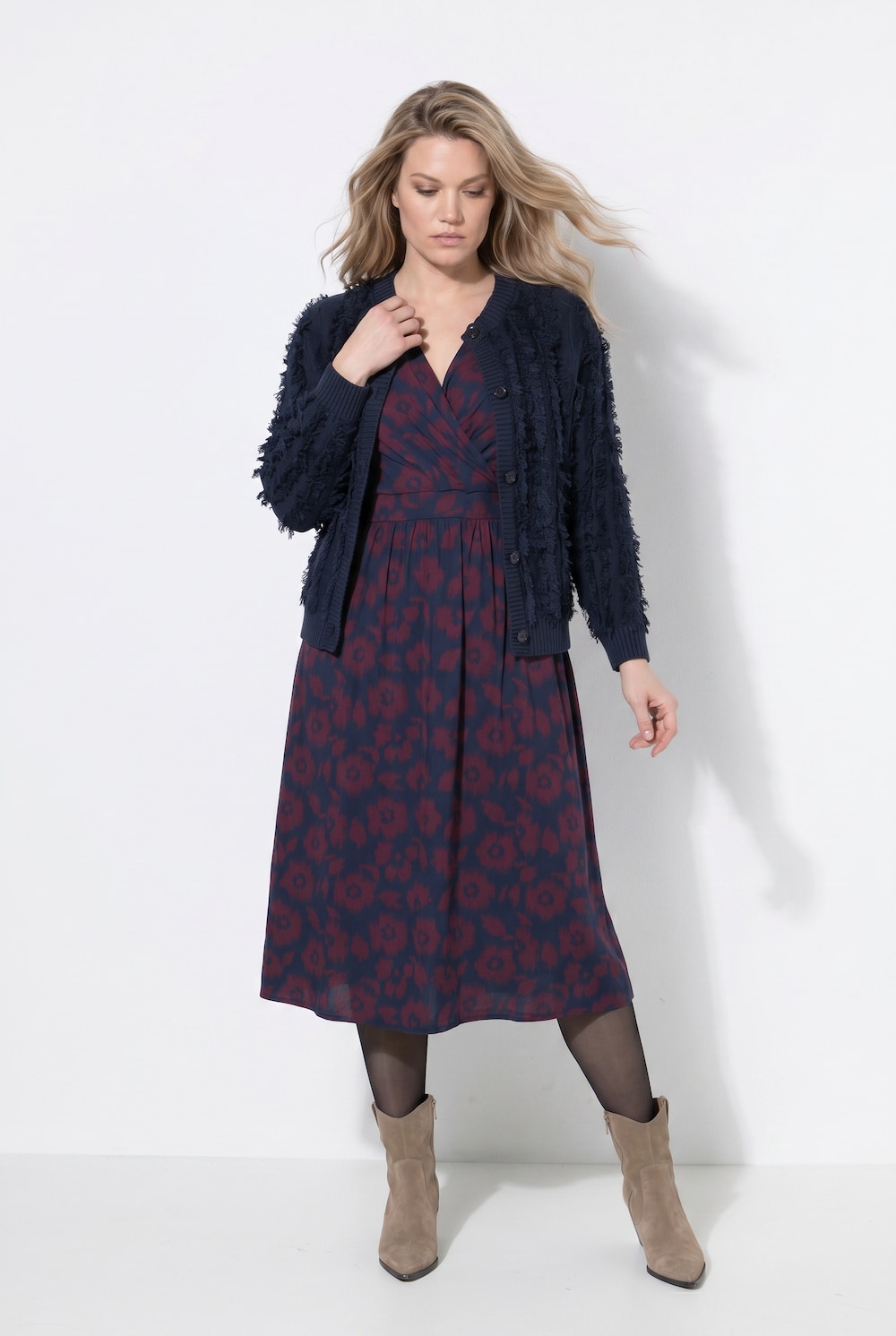 Jerseykleid, Wickeloptik, V-Ausschnitt, 3/4-Arm, Biobaumwolle