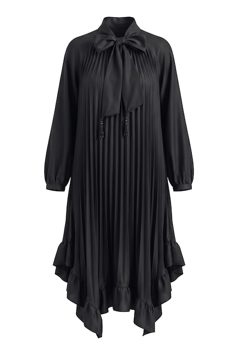 Midi-Plisseekleid, A-Linie, Stehkragen, 3/4-Raglanärmel