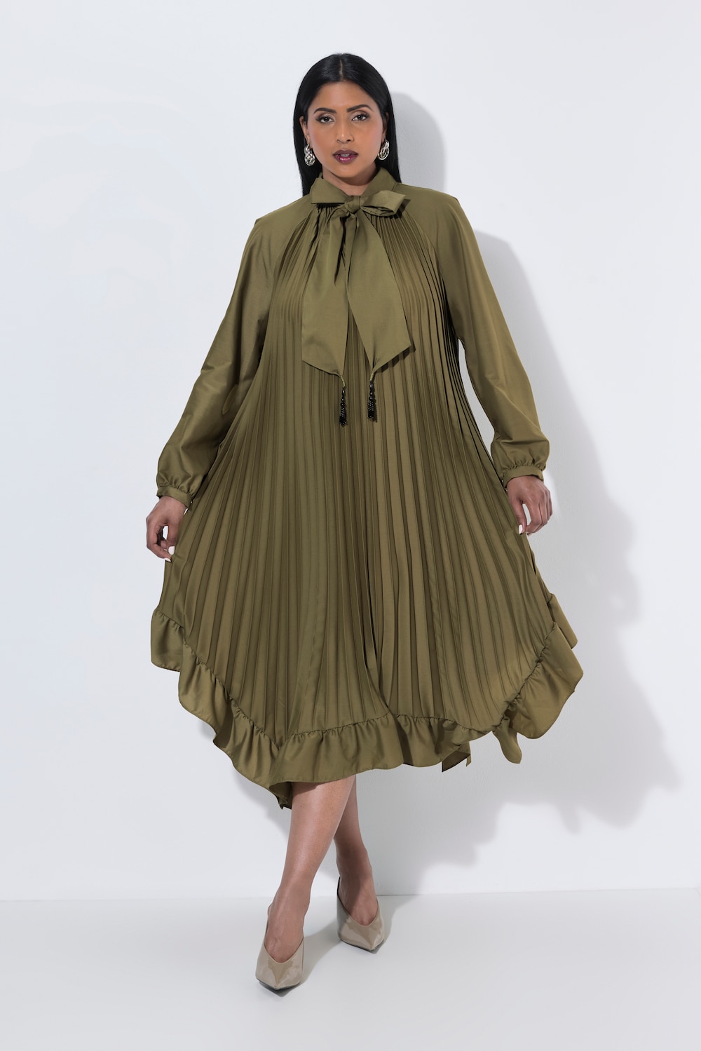Midi-Plisseekleid, A-Linie, Stehkragen, 3/4-Raglanärmel