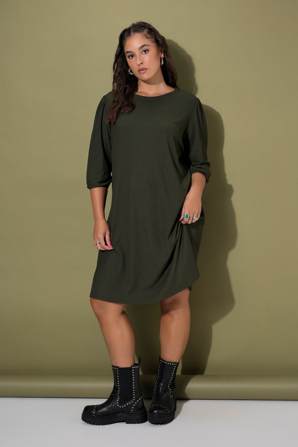 Kleid, A-Linie, feine Struktur, 3/4-Ballonärmel