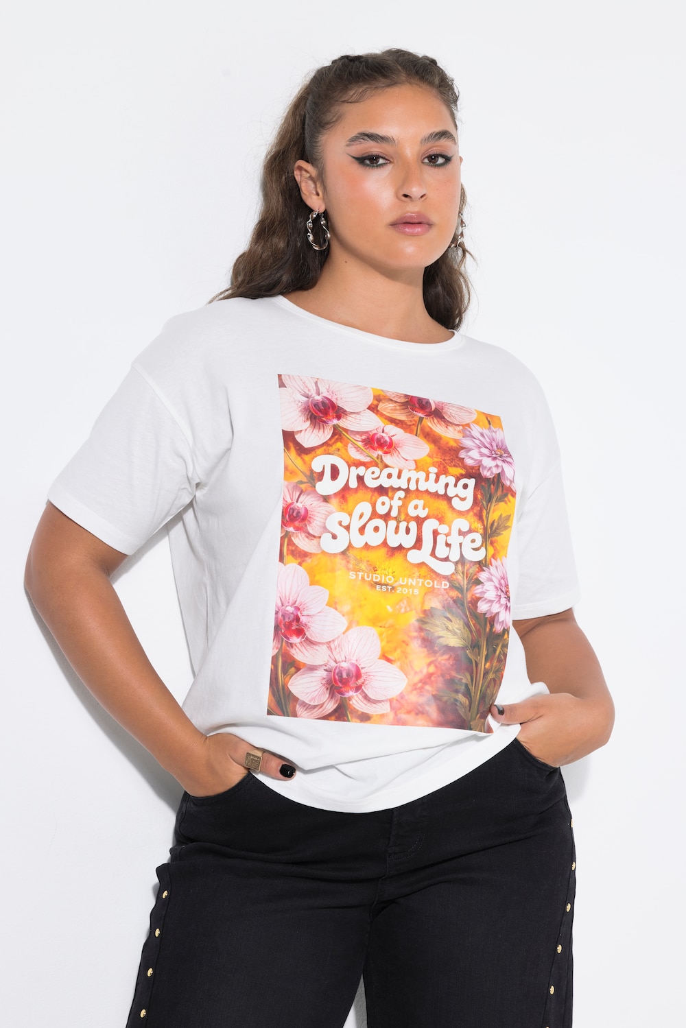 T-shirt, oversized vorm, bloemen/statement