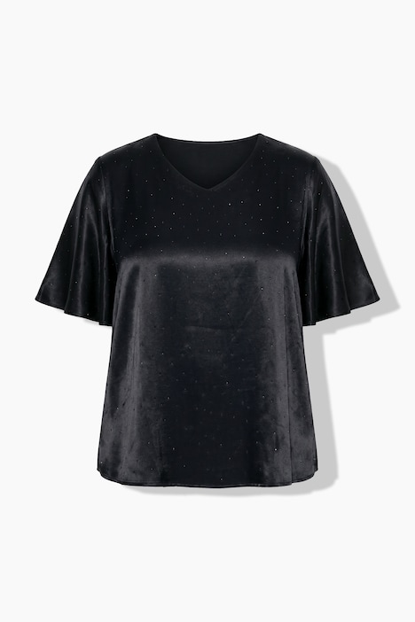 Blusenshirt, Ziersteine, A-Linie, V-Ausschnitt, Glockenärmel