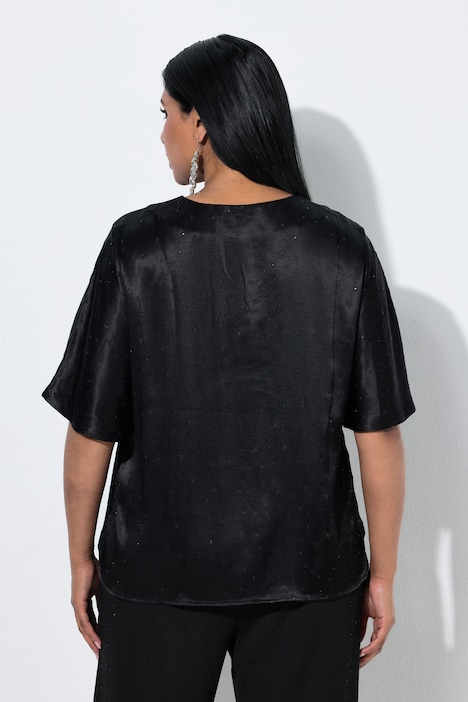 Blusenshirt, Ziersteine, A-Linie, V-Ausschnitt, Glockenärmel