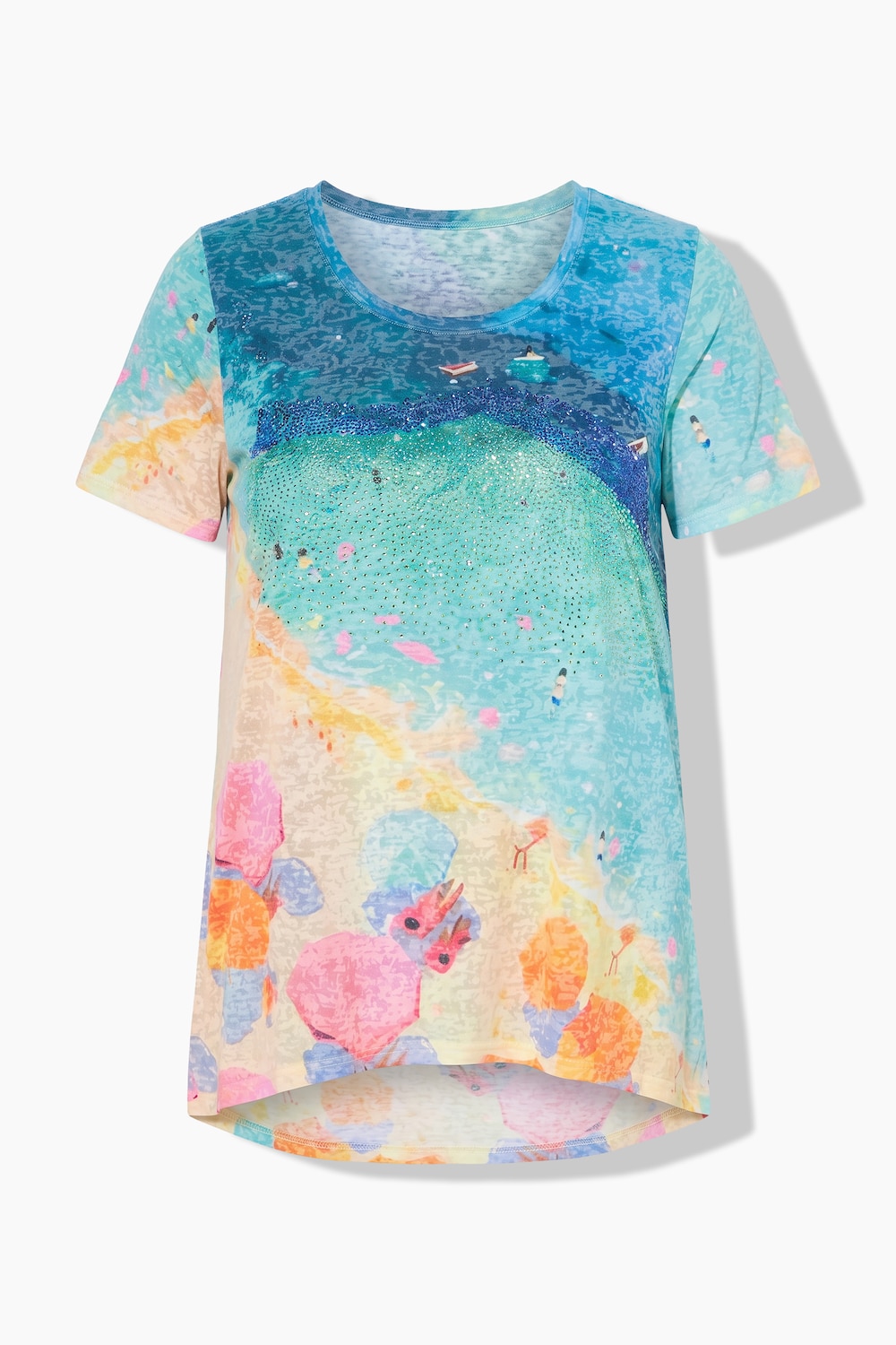 Longshirt, A-Linie, Glitzersteinchen, Strandmotiv