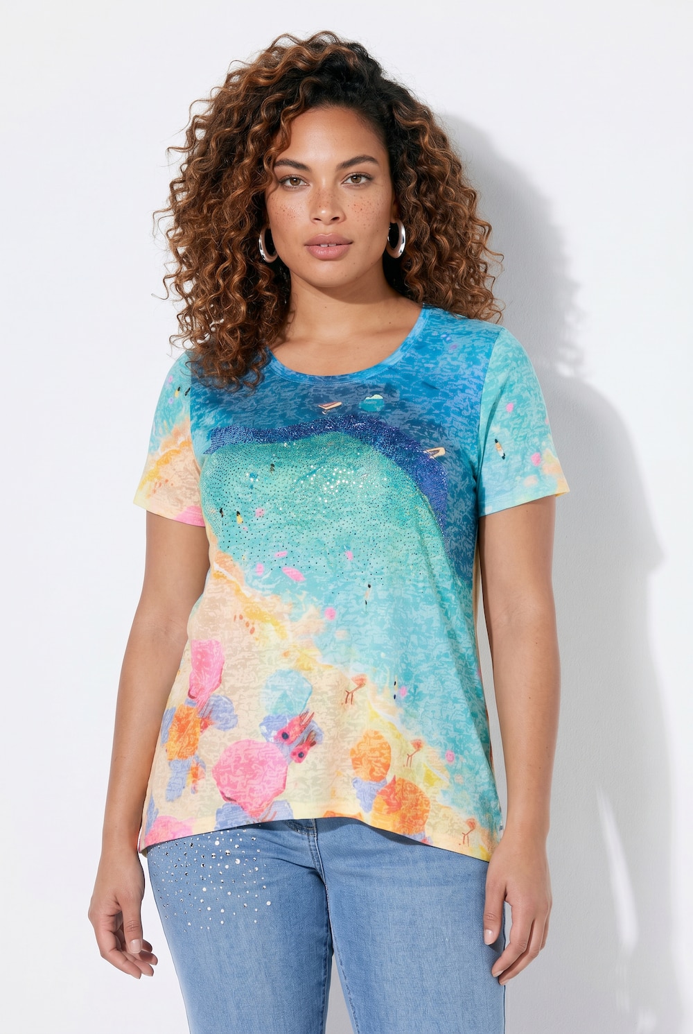 Longshirt, A-Linie, Glitzersteinchen, Strandmotiv