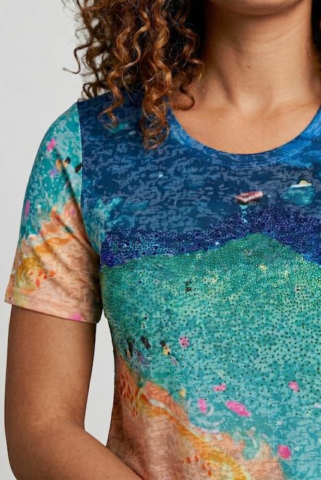 Longshirt, A-Linie, Glitzersteinchen, Strandmotiv
