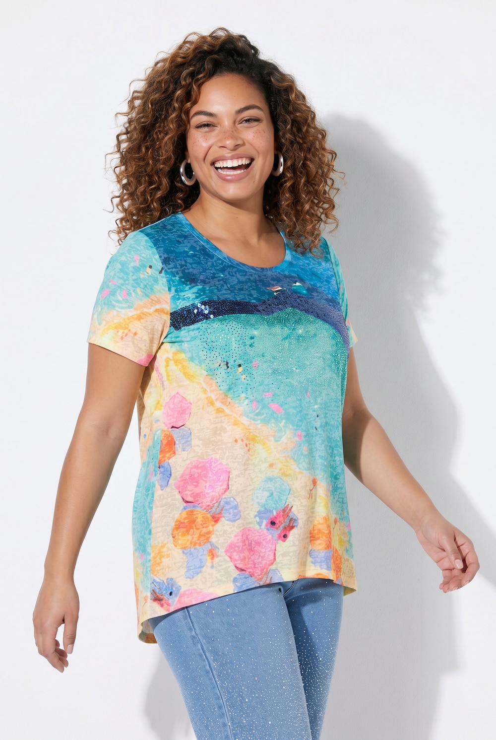Longshirt, A-Linie, Glitzersteinchen, Strandmotiv, Angel of Style x MIAMODA