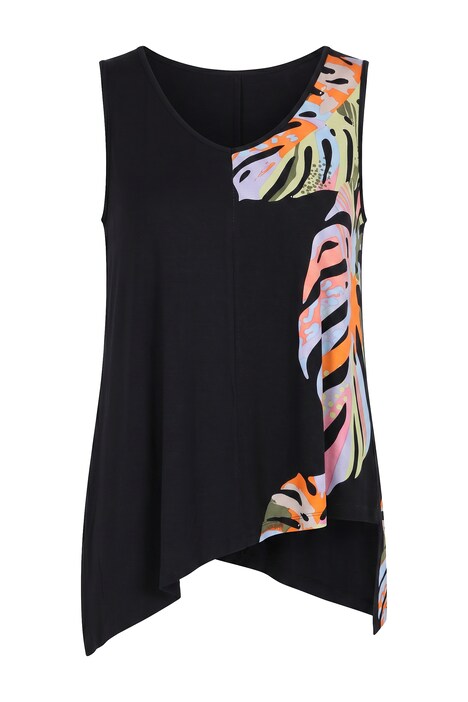 A-line long top, half with leaf pattern, asymmetric hem