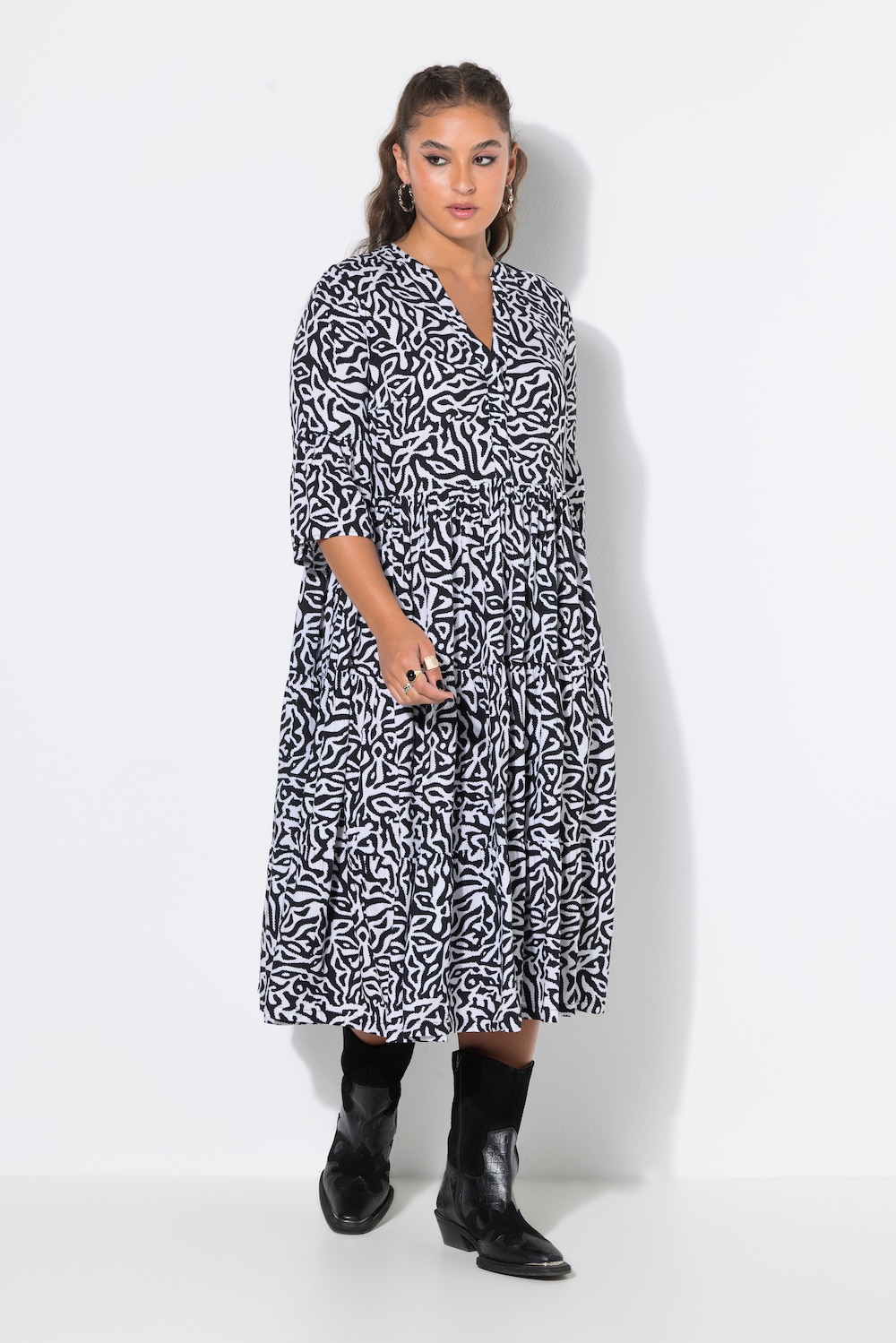 Midikleid, A-Linie, grafischer Print, Volants