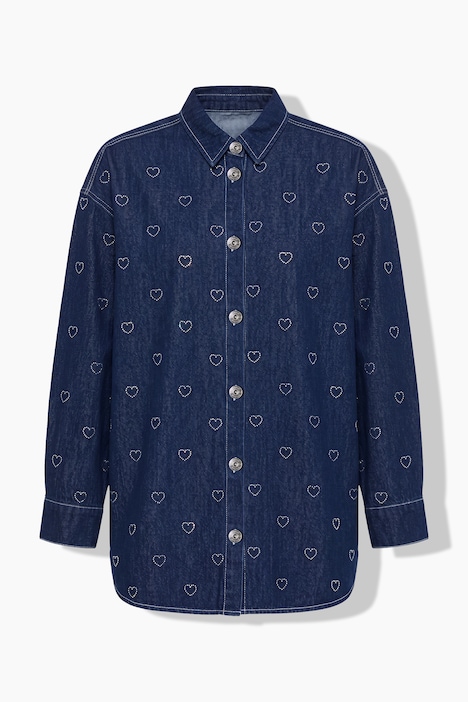 Jeanshemd, oversized, Glitzer-Herzen, Langarm