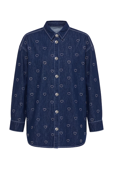 Jeanshemd, oversized, Glitzer-Herzen, Langarm