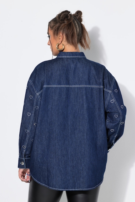 Jeanshemd, oversized, Glitzer-Herzen, Langarm