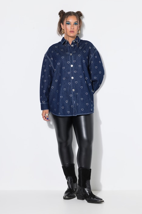 Jeanshemd, oversized, Glitzer-Herzen, Langarm
