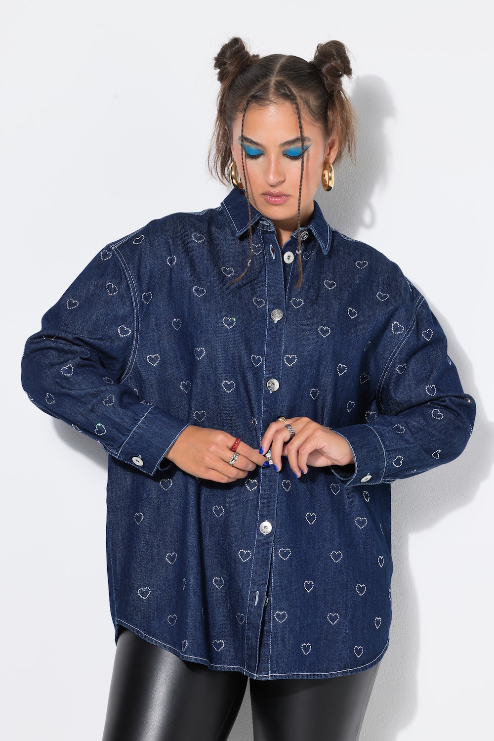 Jeanshemd, oversized, Glitzer-Herzen, Langarm