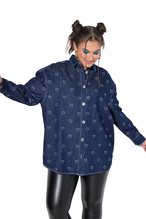 Jeanshemd, oversized, Glitzer-Herzen, Langarm