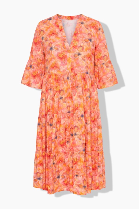 Midikleid, A-Line, Orchideen-Print, Volants