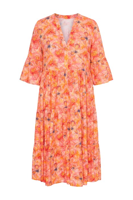 Midikleid, A-Line, Orchideen-Print, Volants