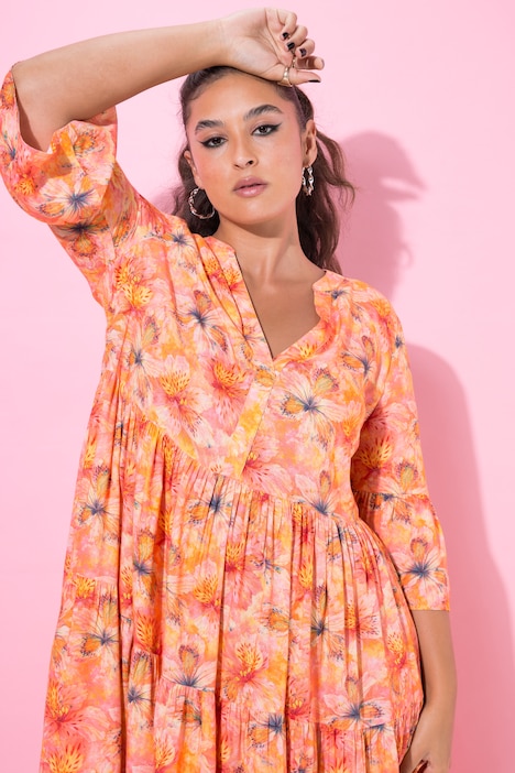 Midikleid, A-Line, Orchideen-Print, Volants