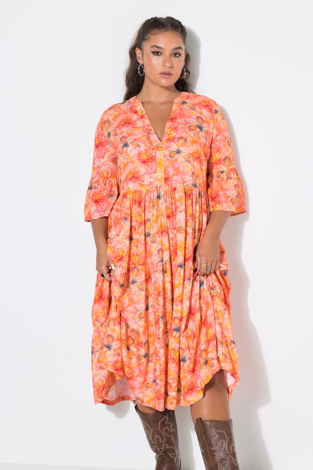 Midikleid, A-Line, Orchideen-Print, Volants