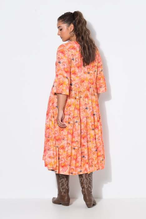 Midikleid, A-Line, Orchideen-Print, Volants