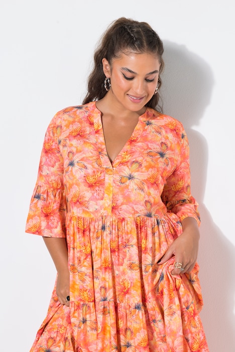 Midikleid, A-Line, Orchideen-Print, Volants