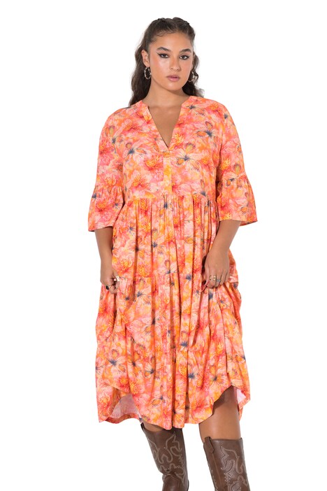 Midikleid, A-Line, Orchideen-Print, Volants
