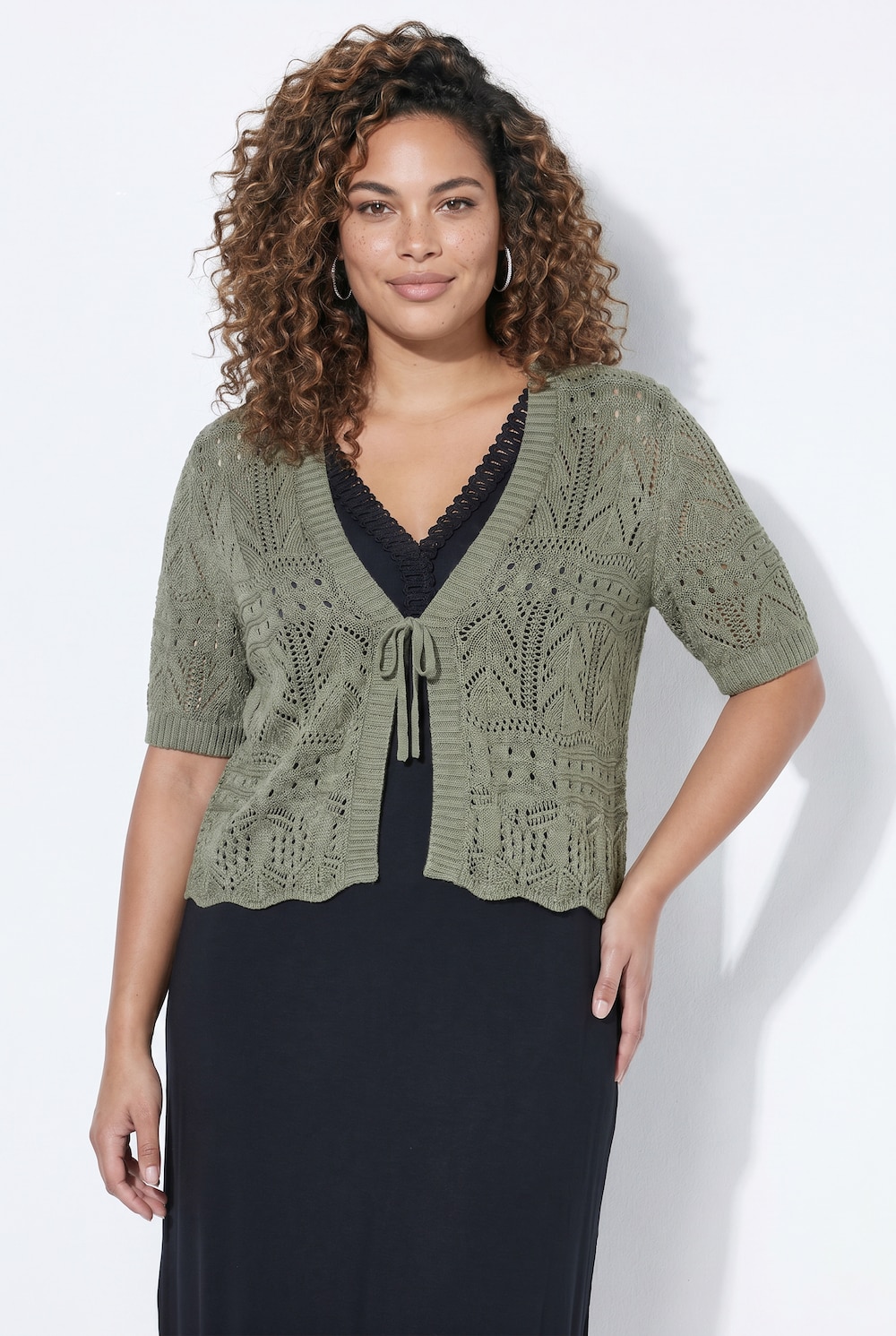Strickjacke, Straight Fit, Ajourstrick, Halbarm