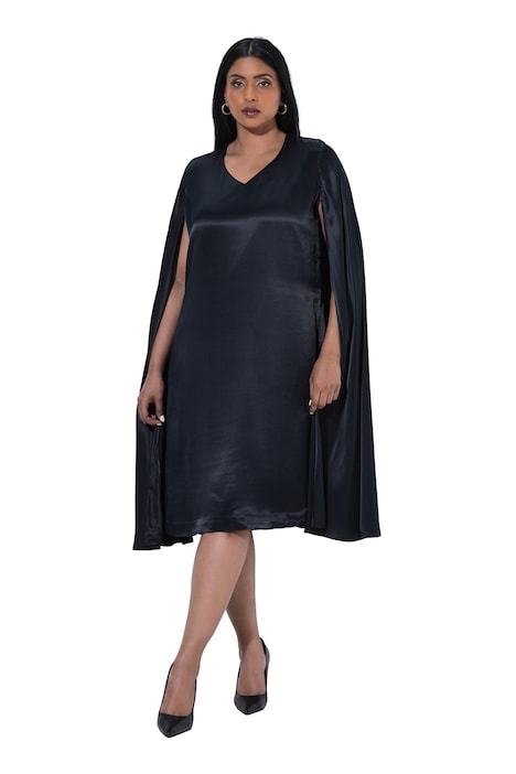 Capekleid, Satin, A-Linie, V-Ausschnitt, Cape-Ärmel