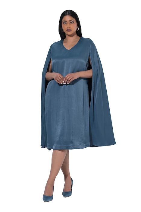 Capekleid, Satin, A-Linie, V-Ausschnitt, Cape-Ärmel