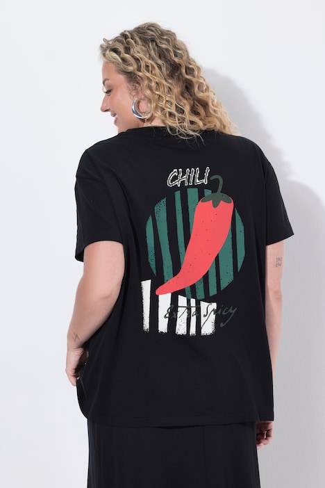 T-shirt, boxy fit, chili-print op de achterkant met sierkraaltjes