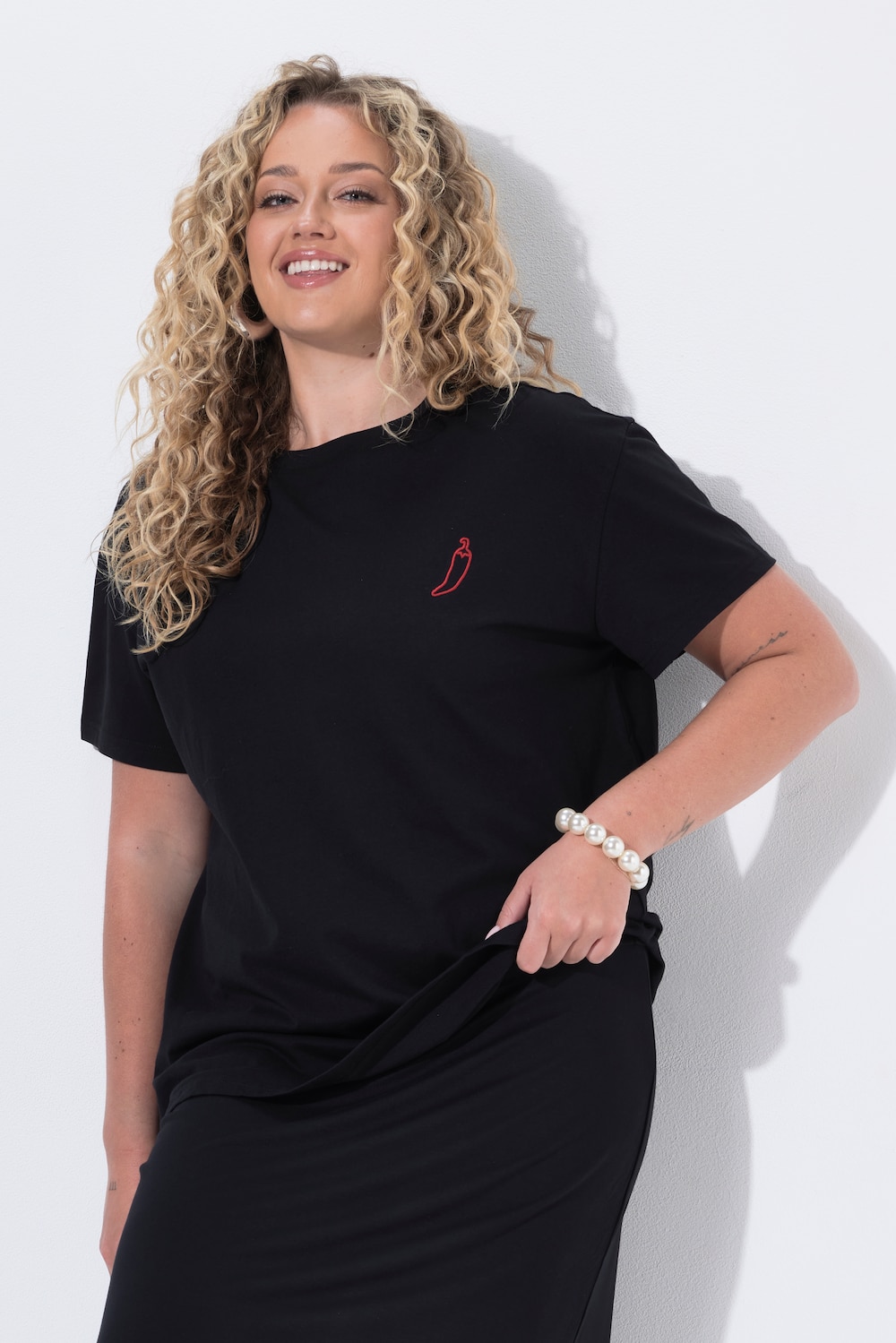 T-shirt, boxy fit, chili-print op de achterkant met sierkraaltjes