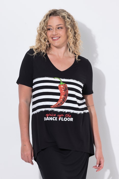 T-Shirt, A-Linie, Chili-Motiv, Glitzersteinchen