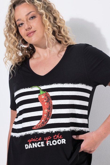 T-Shirt, A-Linie, Chili-Motiv, Glitzersteinchen