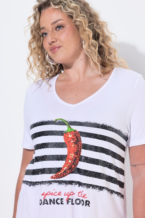 T-Shirt, A-Linie, Chili-Motiv, Glitzersteinchen
