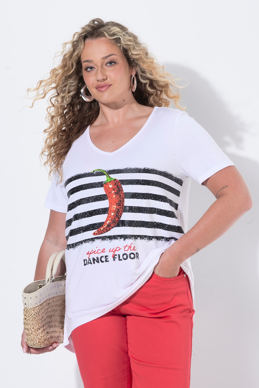 T-Shirt, A-Linie, Chili-Motiv, Glitzersteinchen
