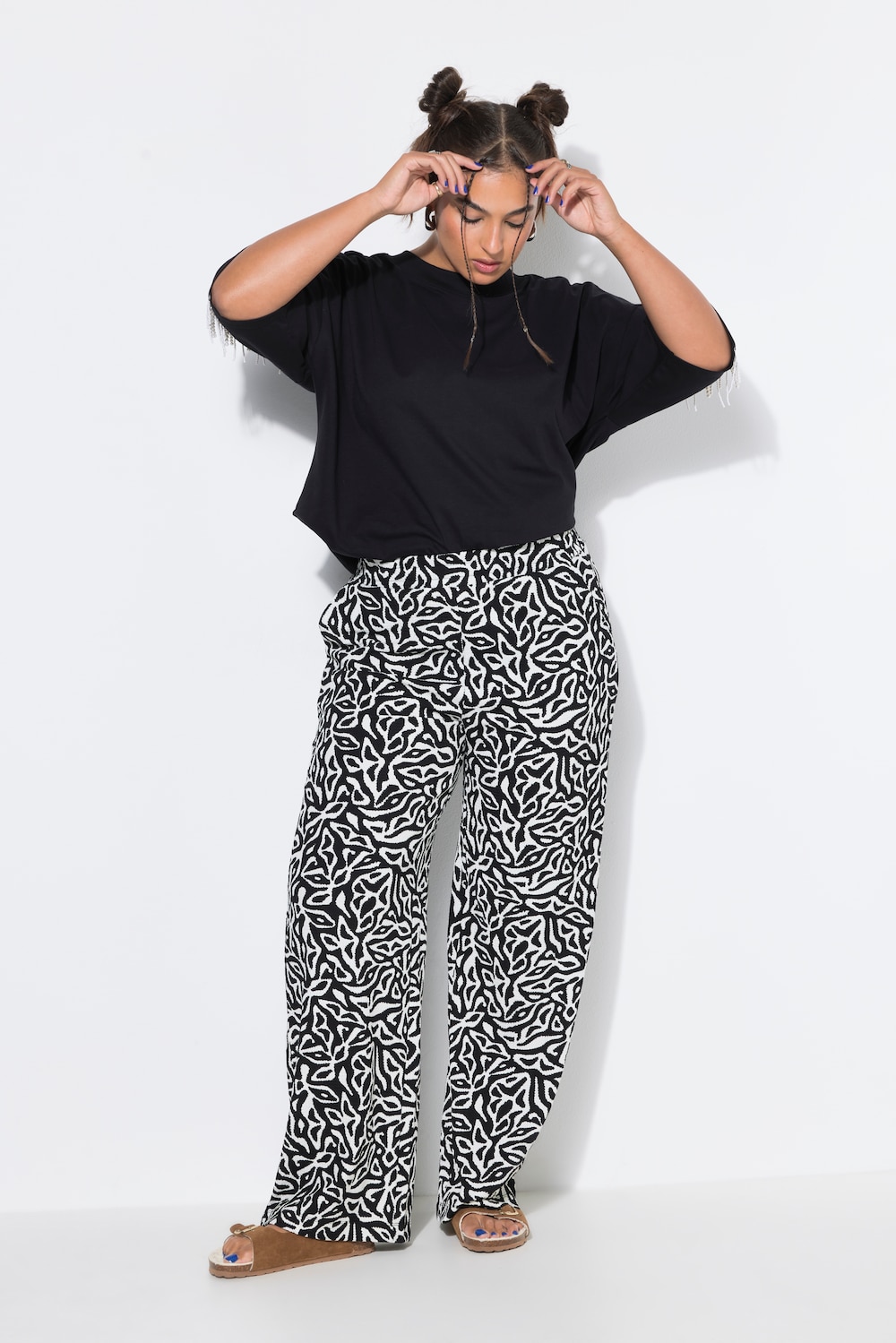 Broek, wijde pijpen, print all-over, elastische tailleband