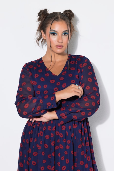 Kleid, A-Line, Kiss-Alloverprint, Ballon-Langarm