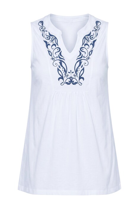 Top, A-line, lace print insert, sleeveless