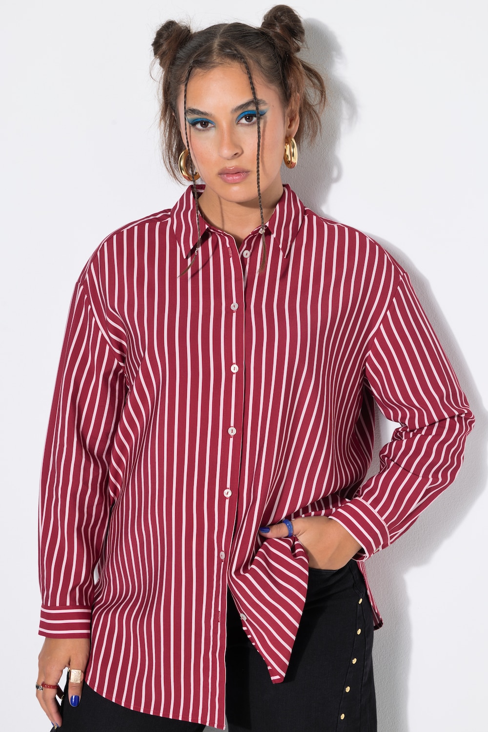 Stripete bluse, oversized, krepp, lange ermer