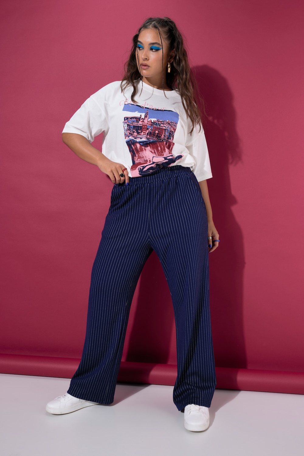Nadelstreifen-Hose, Straight Wide Legs, Elastikbund