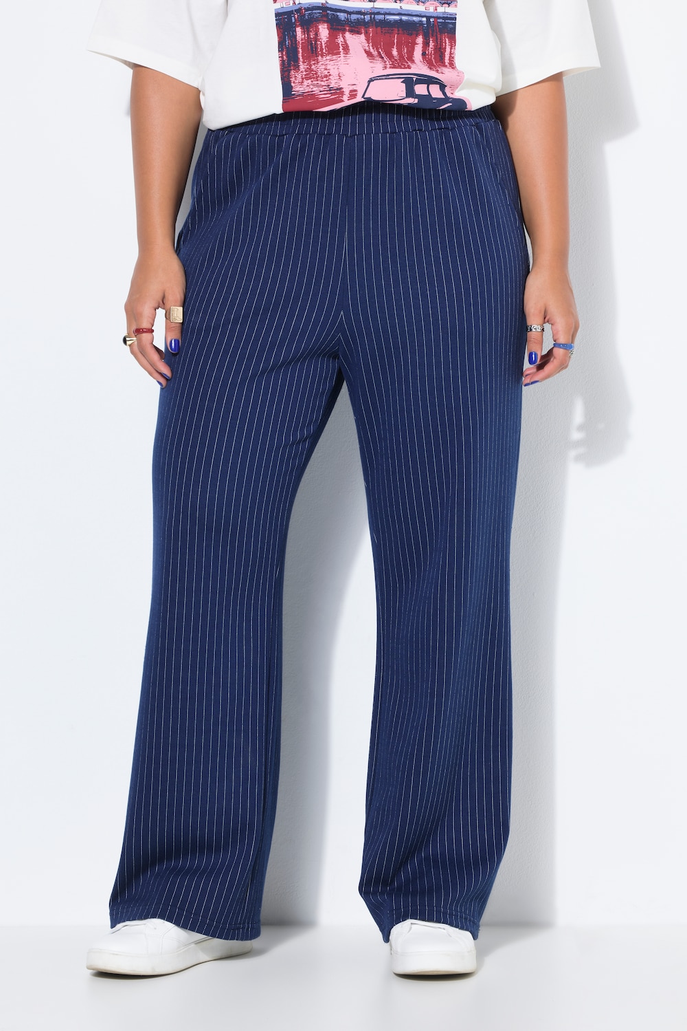 Nadelstreifen-Hose, Straight Wide Legs, Elastikbund