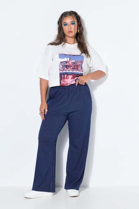Nadelstreifen-Hose, Straight Wide Legs, Elastikbund